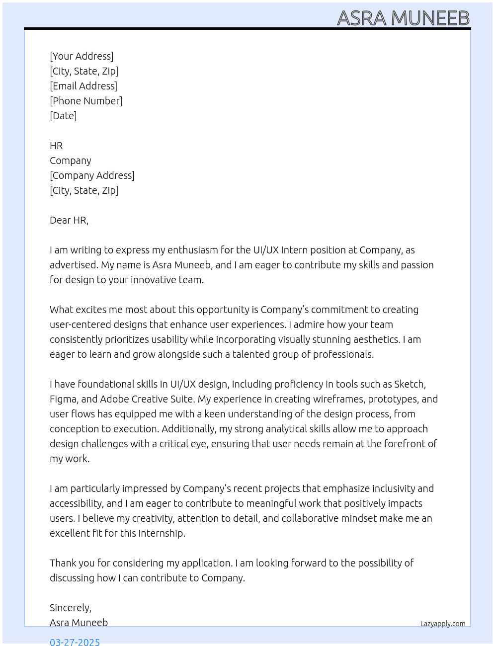 Cover letter for ui/ux intern - LazyApply