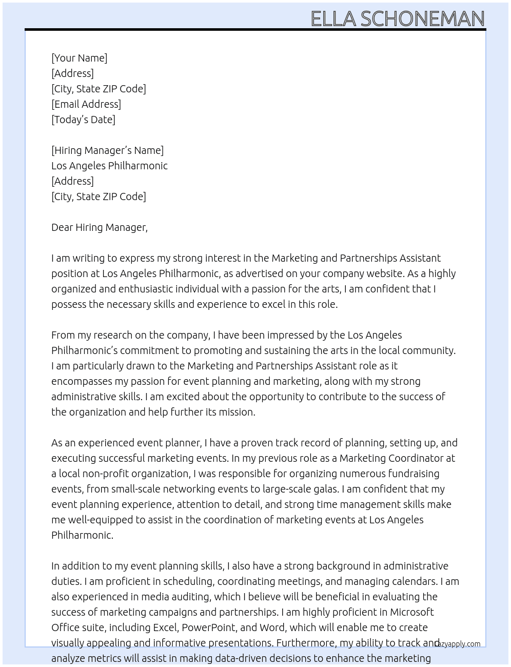 Marketing and Partnerships Assistant At Los Angeles Philharmonic Cover Letter