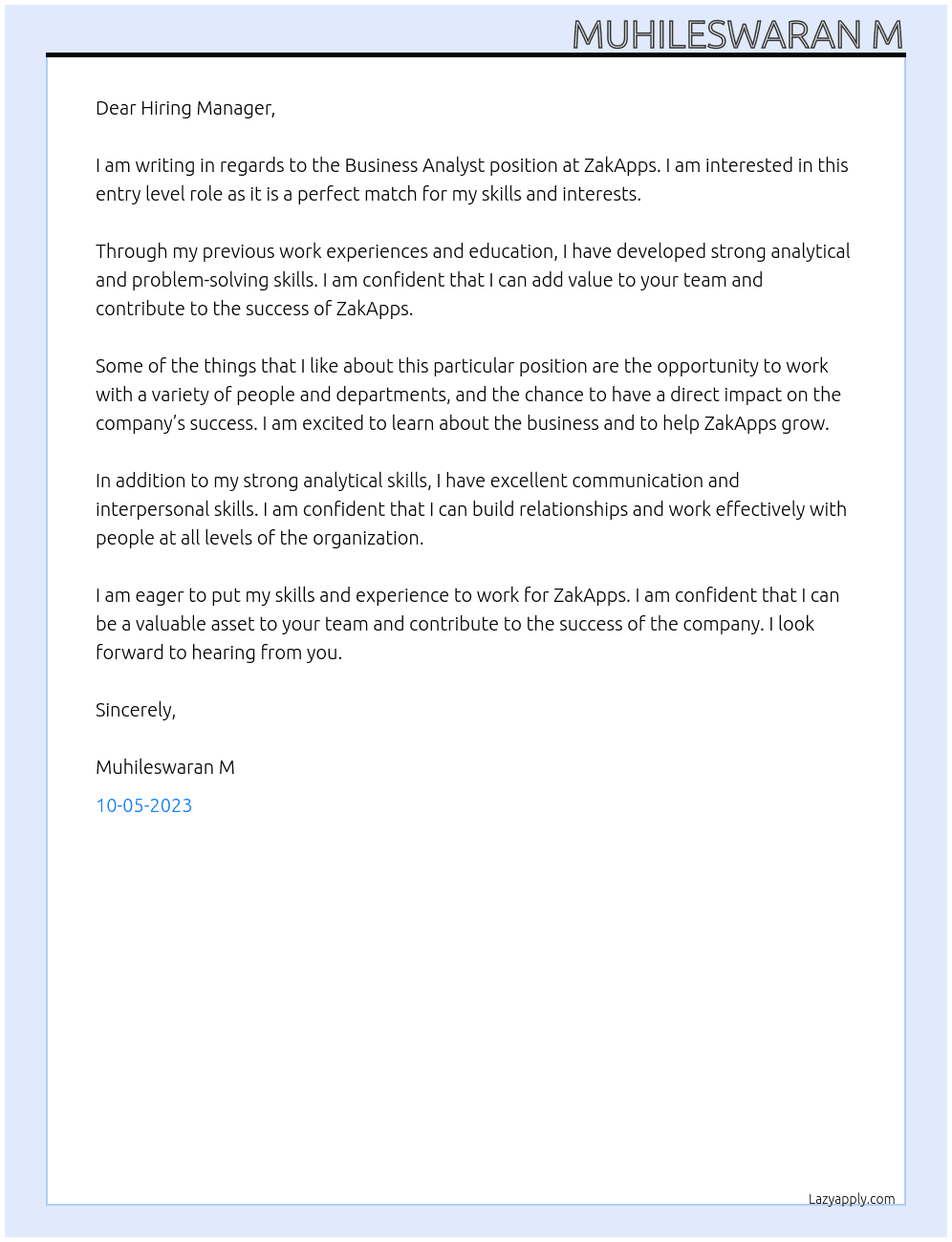 business analyst At ZakApps Cover Letter