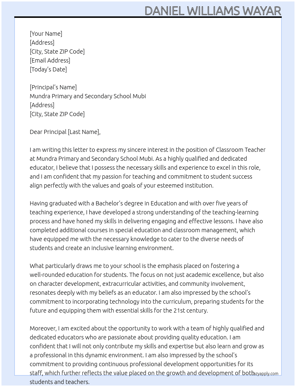 Classroom teacher At Mundra primary and secondary school mubi  Cover Letter