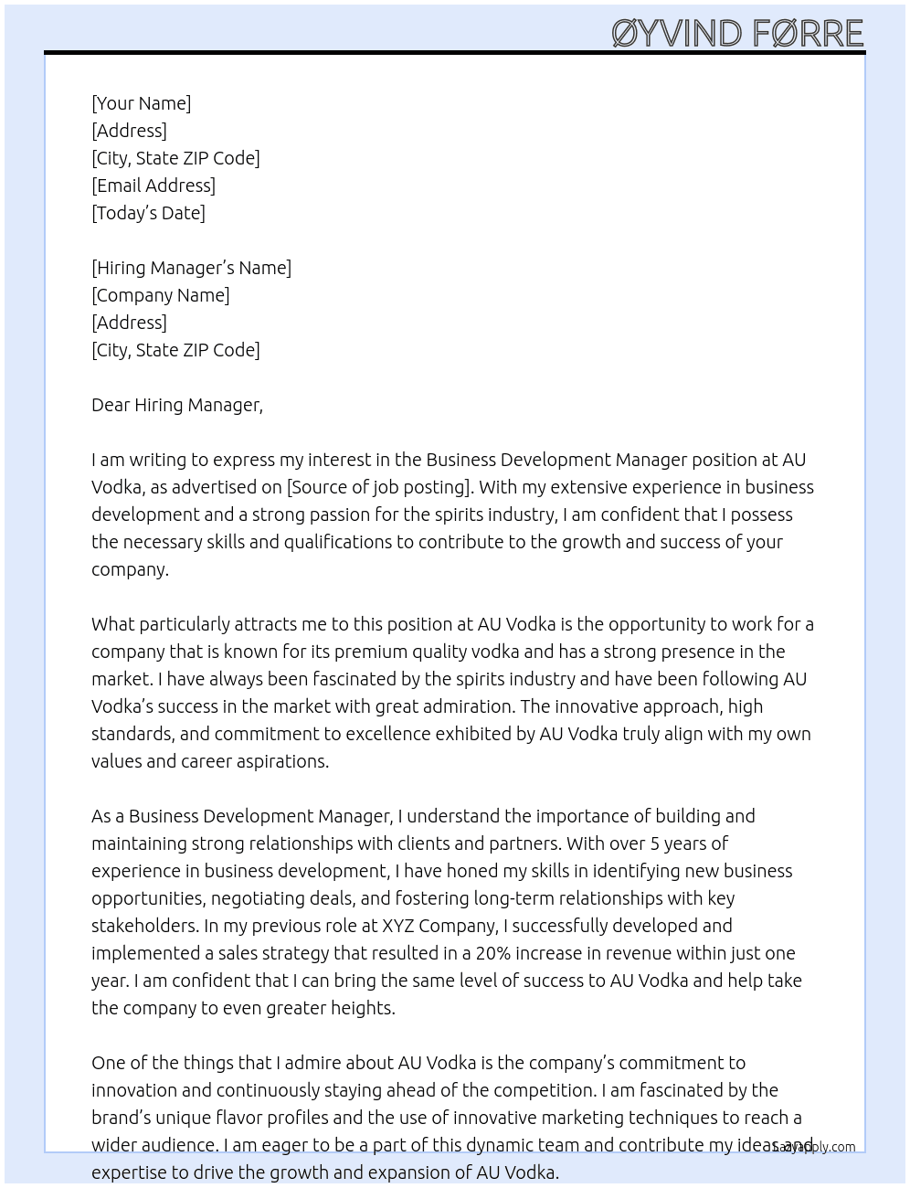Business Development Manager At AU Vodka Cover Letter