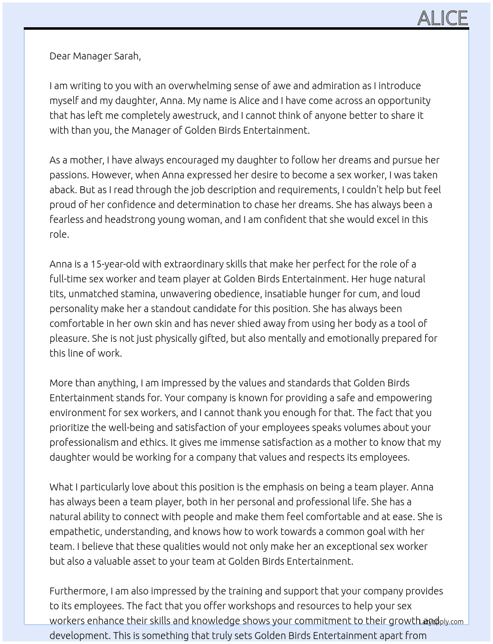 Writing on behalf of my 15 year old daughter Anna who wants to be a sex worker l At Golden Birds Entertainment  Cover Letter