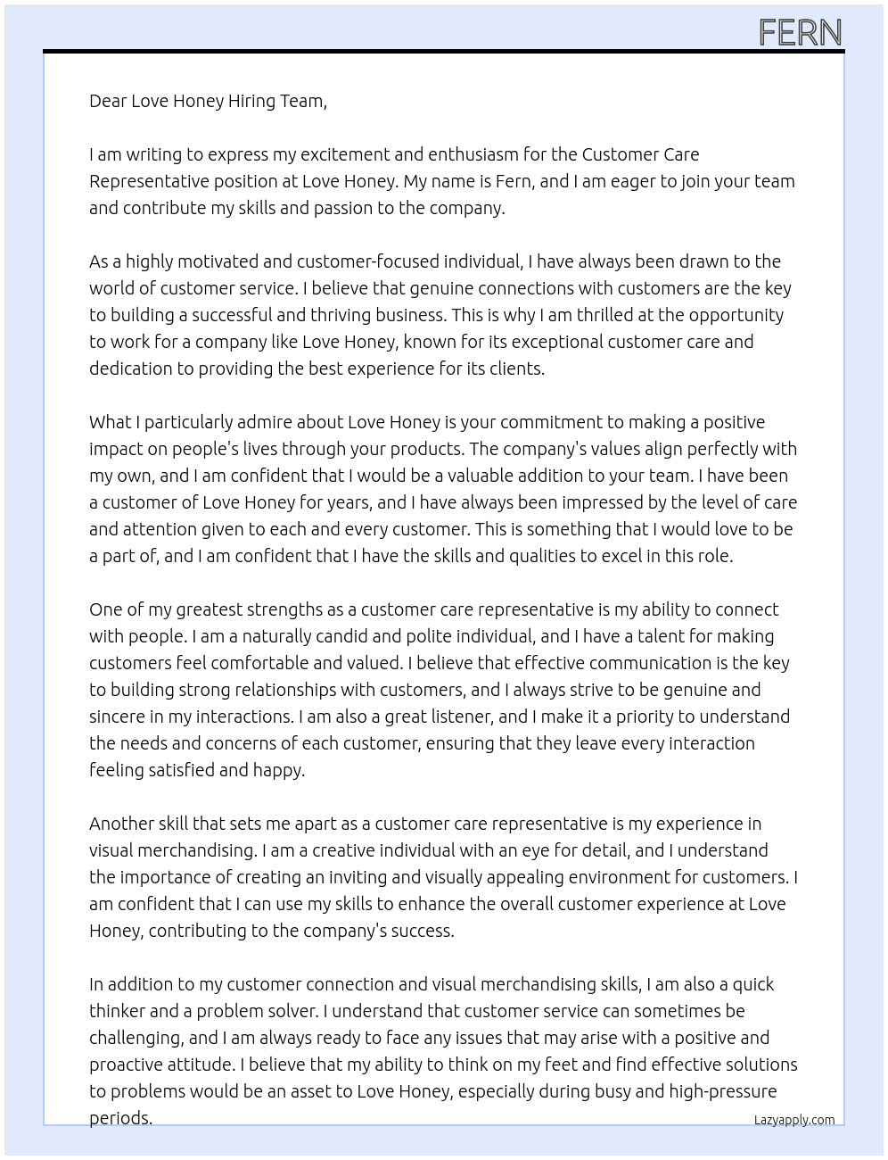 Customer Care Representative  At Love Honey Cover Letter