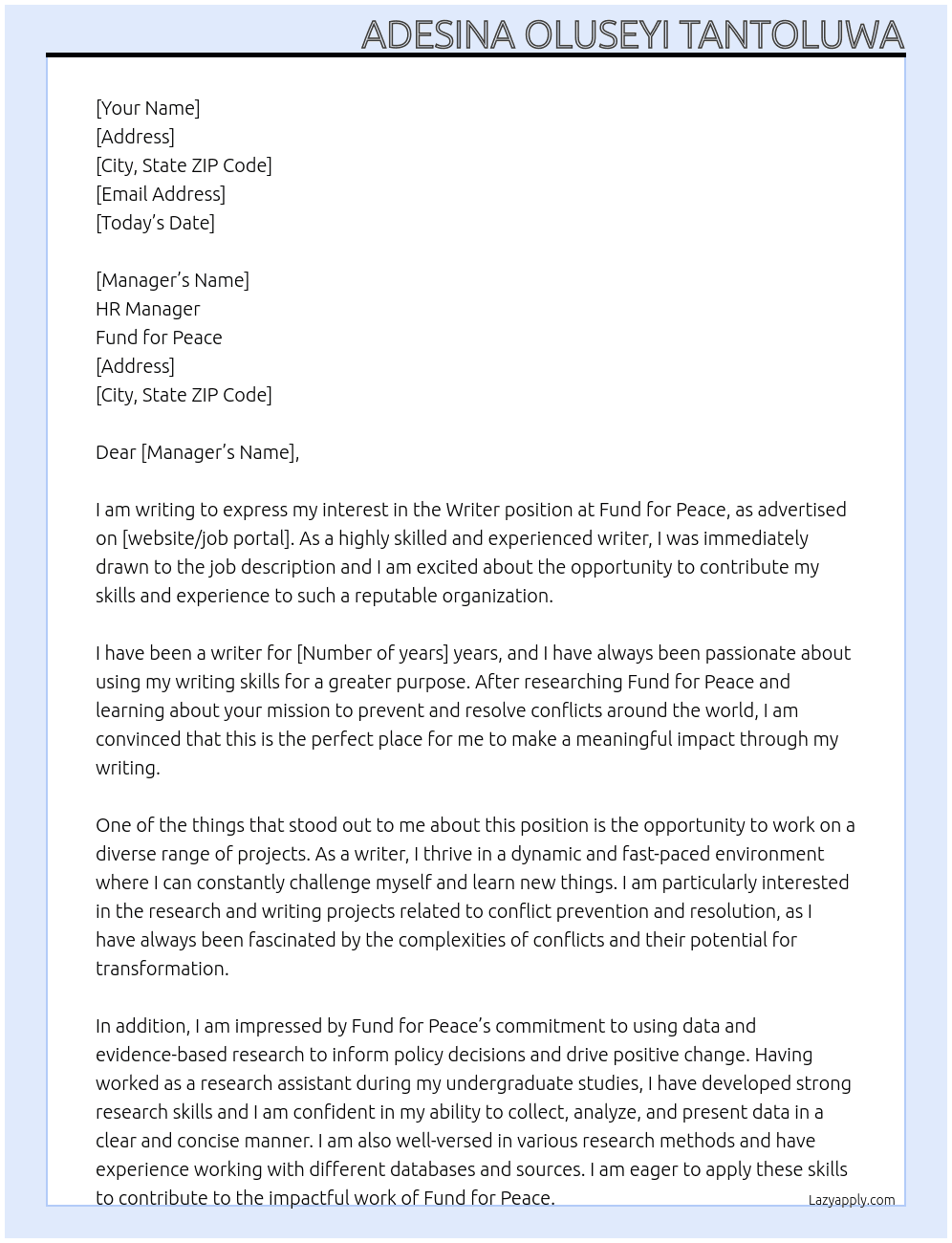 Writer At Fund For Peace Cover Letter