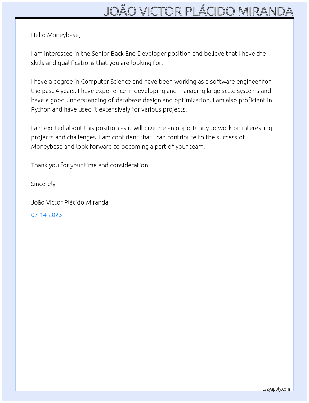 Senior Back End Developer At Moneybase  Cover Letter