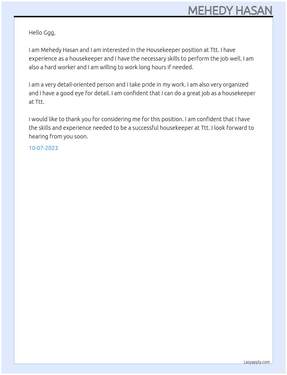Housekeeper  At Ttt Cover Letter