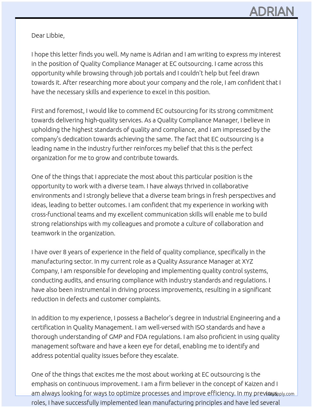 Quality Compliance Manager At EC outsourcing Cover Letter