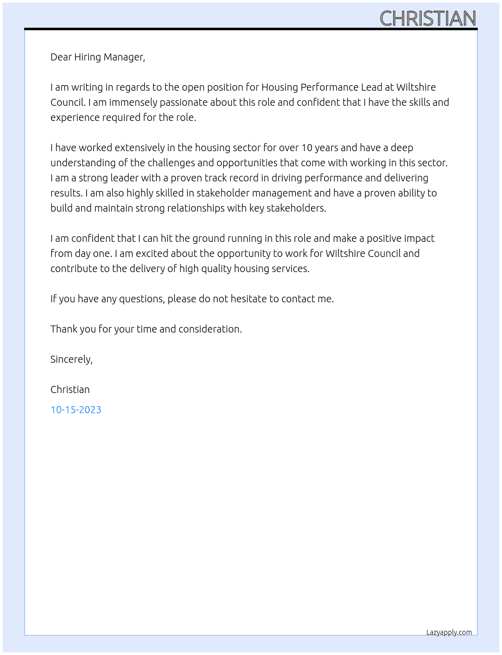 Housing Performance Lead At Wiltshire Council Cover Letter