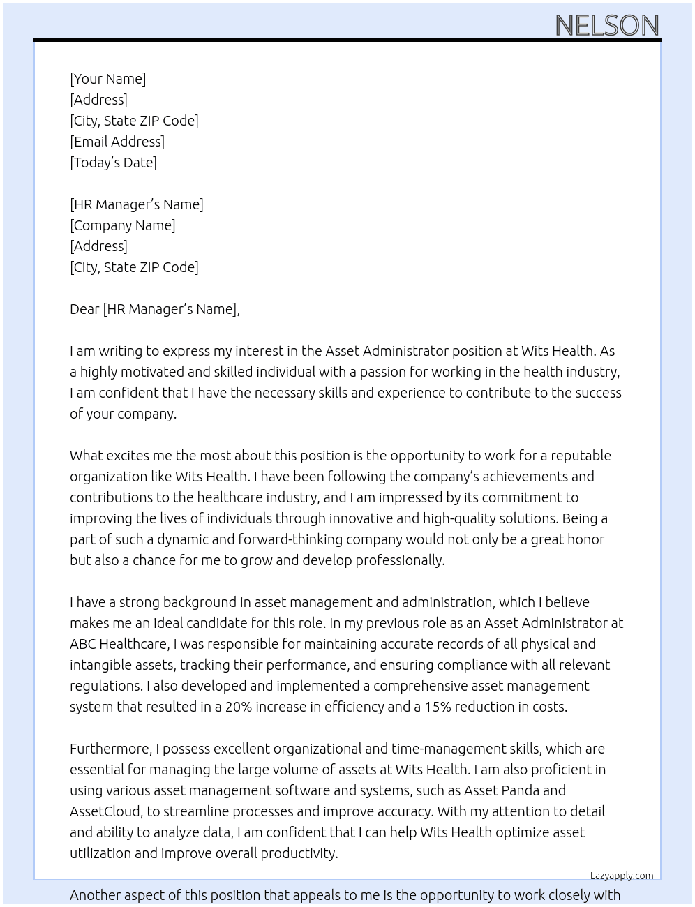 Asset Administrator At Wits Health  Cover Letter