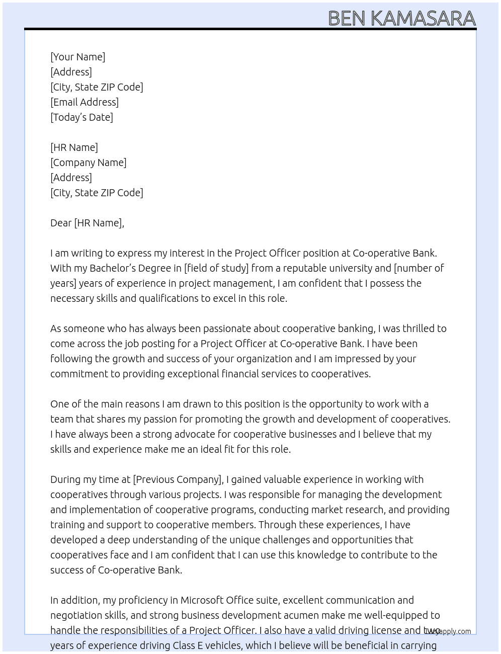 Project Officer At Co-opreative Bank Cover Letter