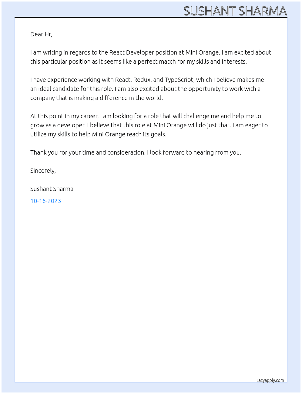 React Developer At Mini Orange Cover Letter