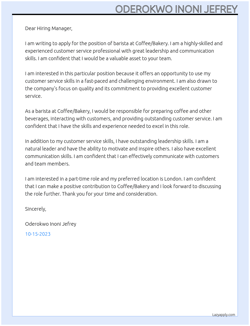 Barista At Coffee/Bakery Cover Letter
