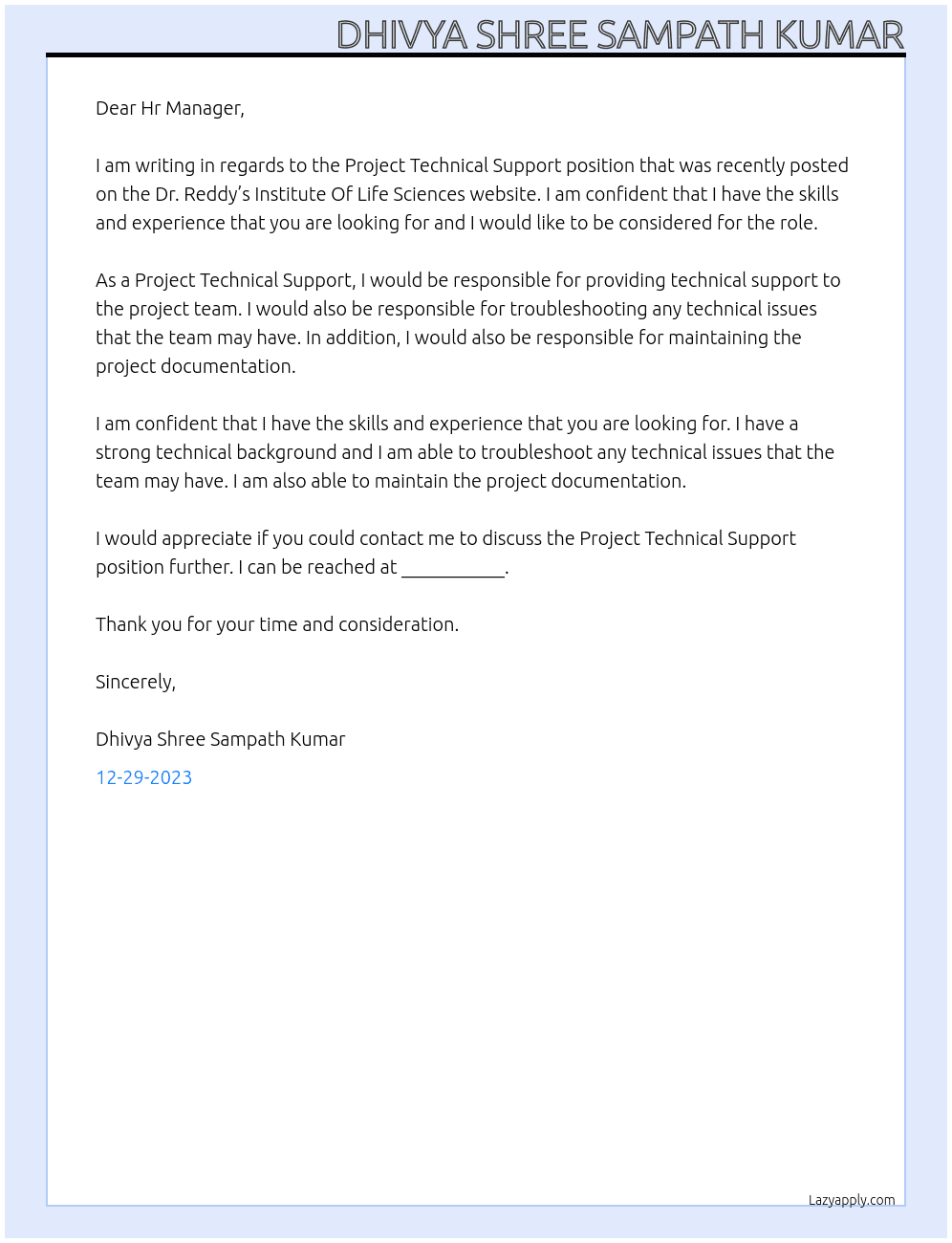 Project Technical Support At Dr. Reddy’s Institute Of Life Sciences Cover Letter