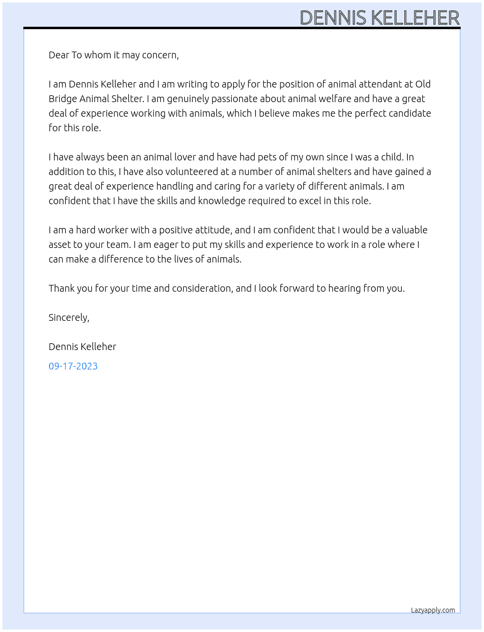 animal attendate At Old Bridge Animal Shelter Cover Letter