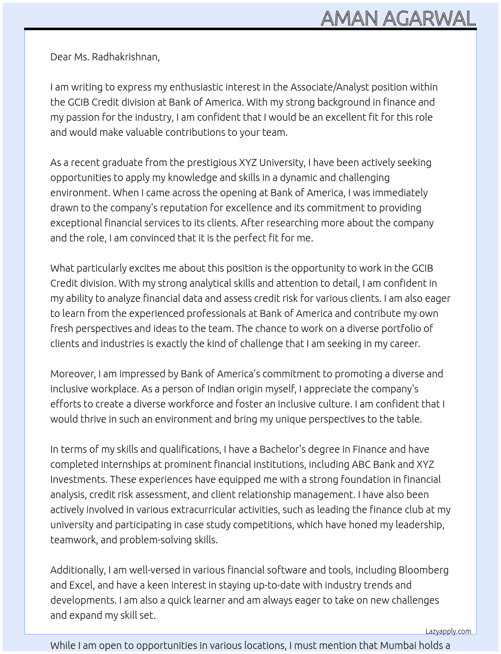 Associate/ Analyst, GCIB Credit Mumbai, , India At Banl of America Cover Letter