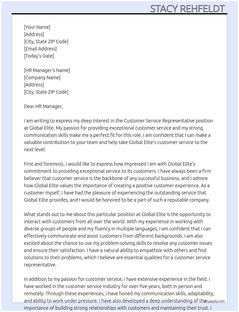 Customer Service Representative At Global Elite Cover Letter