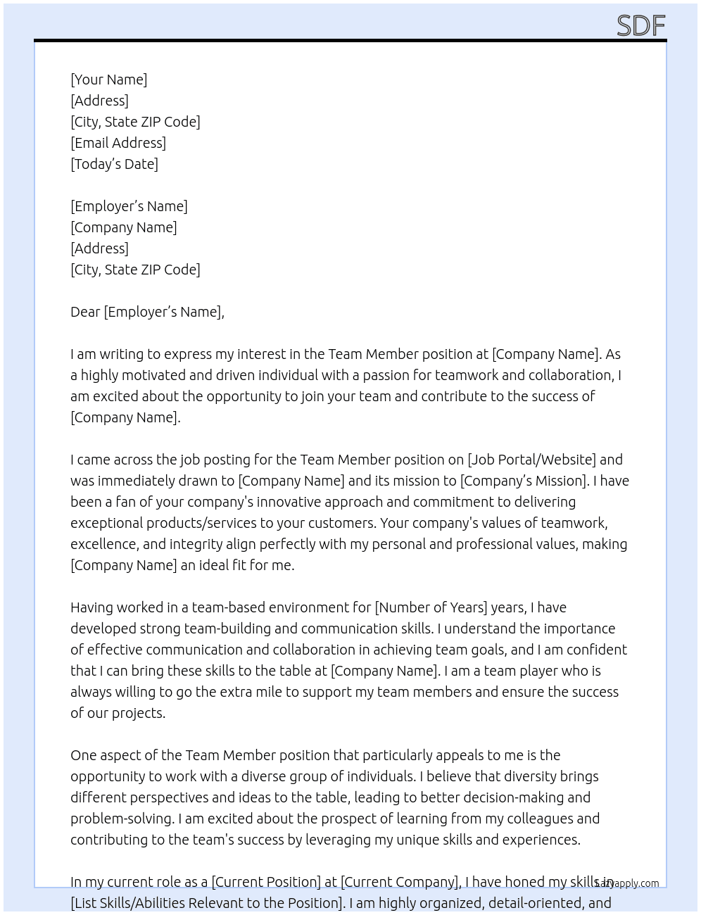 Team member At sdf Cover Letter