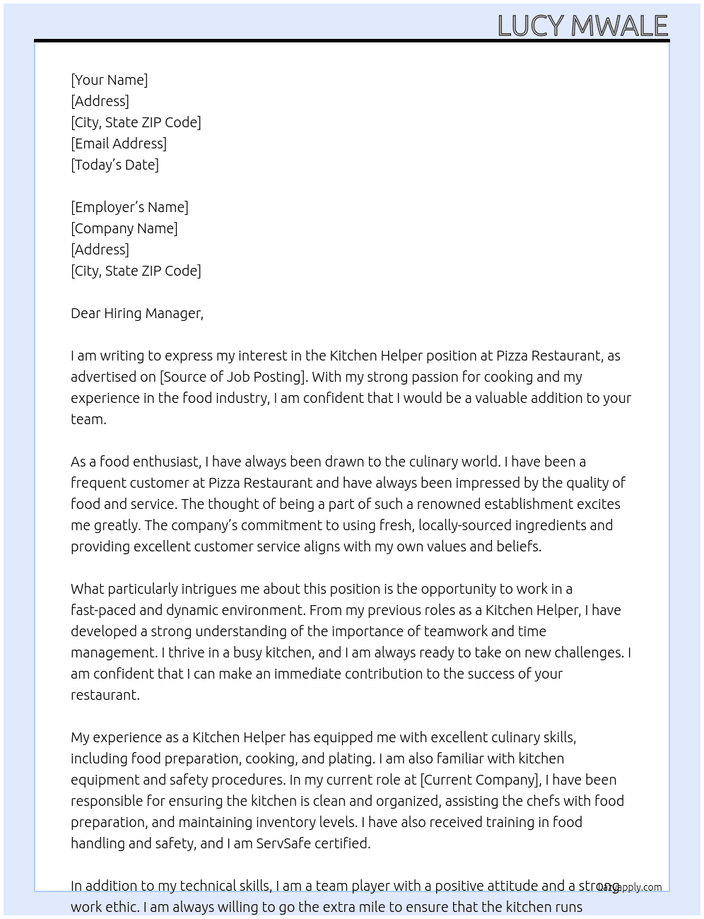 Kitchen helpt At Pizza Restaurant Cover Letter