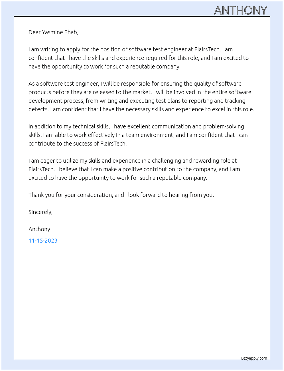 Software test engineer  At FlairsTech Cover Letter
