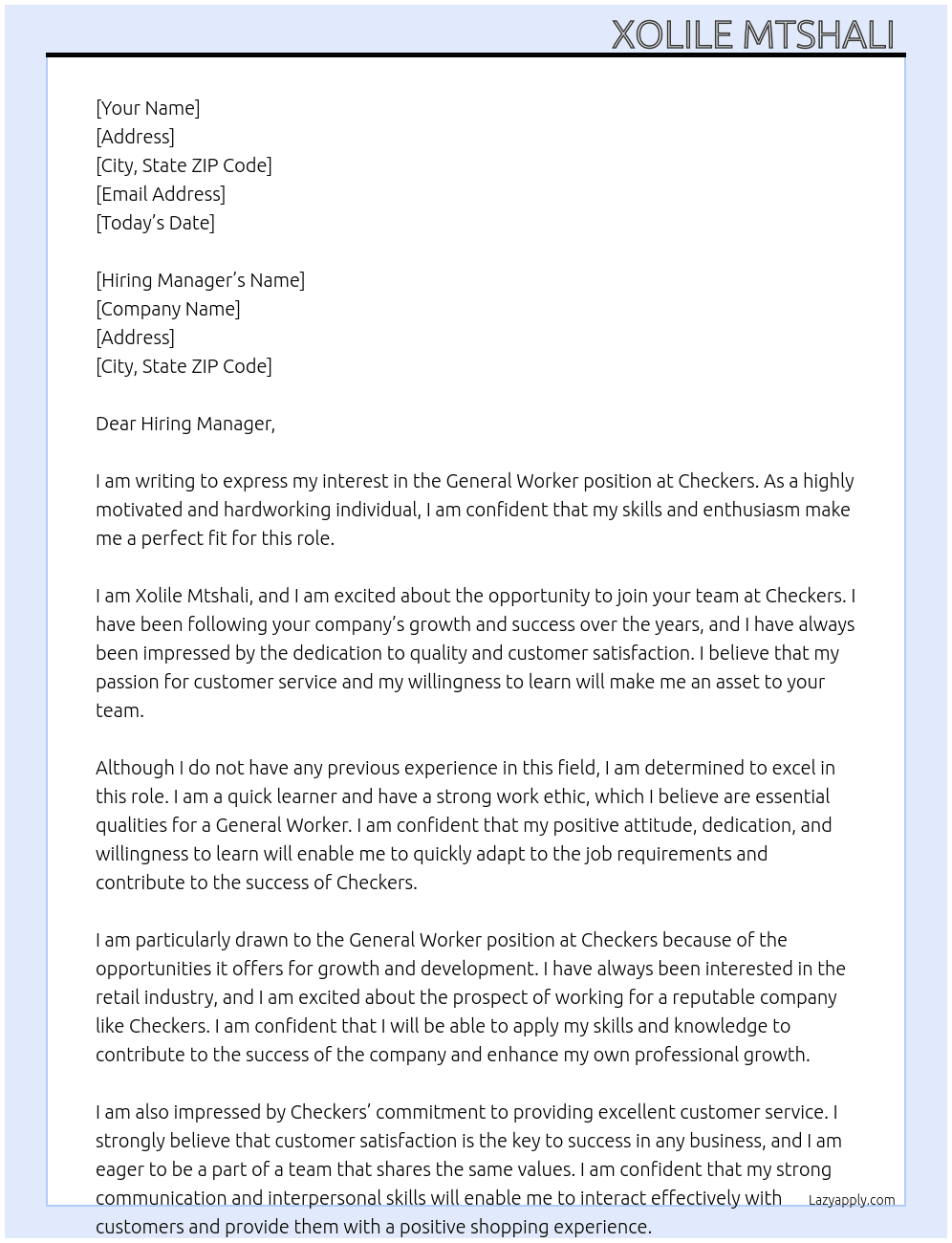 General Worker At Checkers  Cover Letter