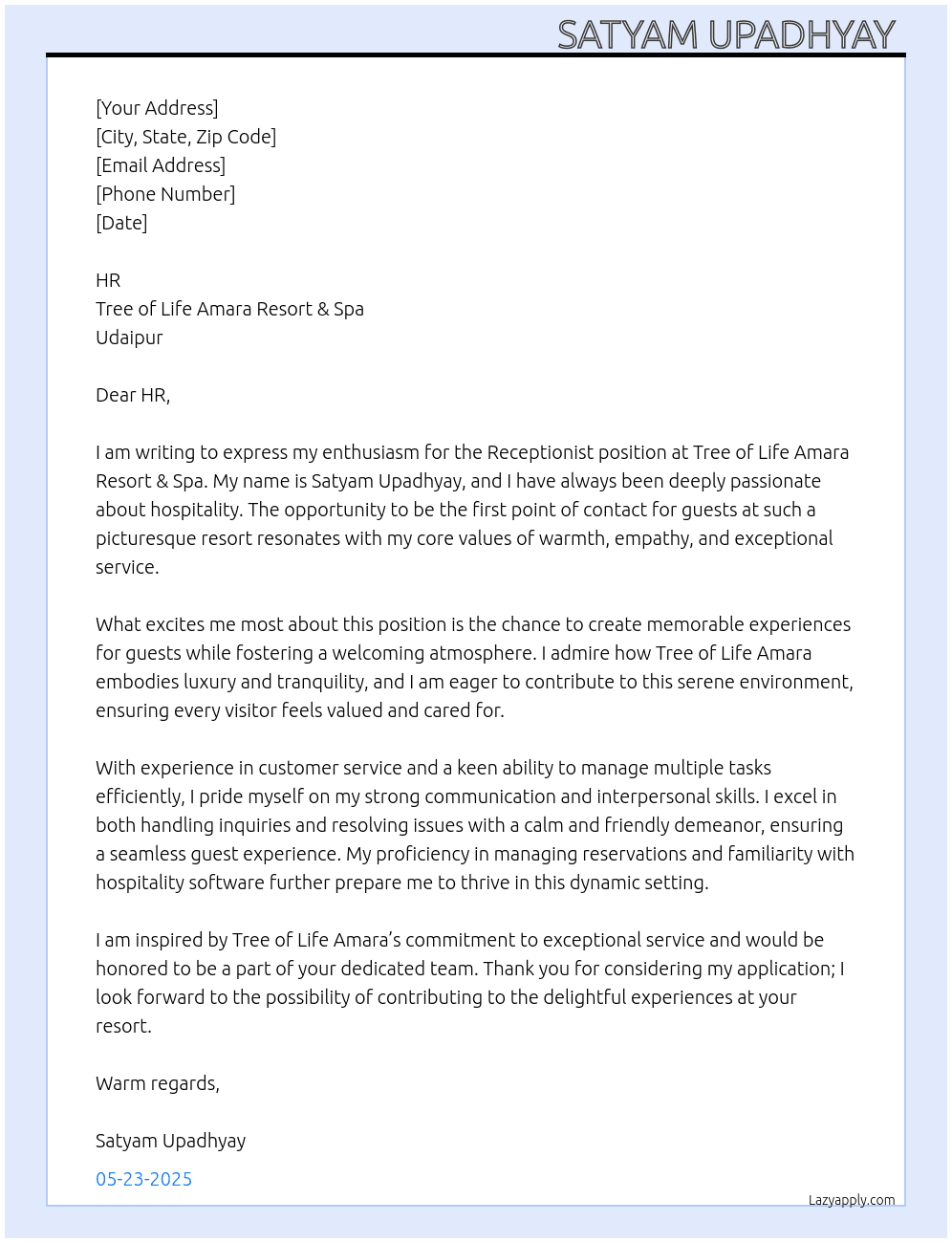 Cover letter for service, receptionist hotel - LazyApply
