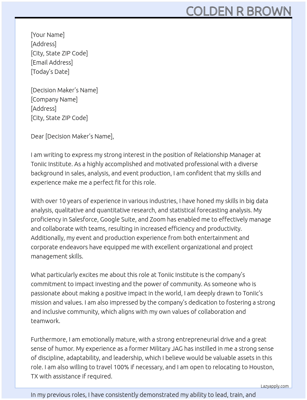 Relationship Manager At Toniic Institute Cover Letter