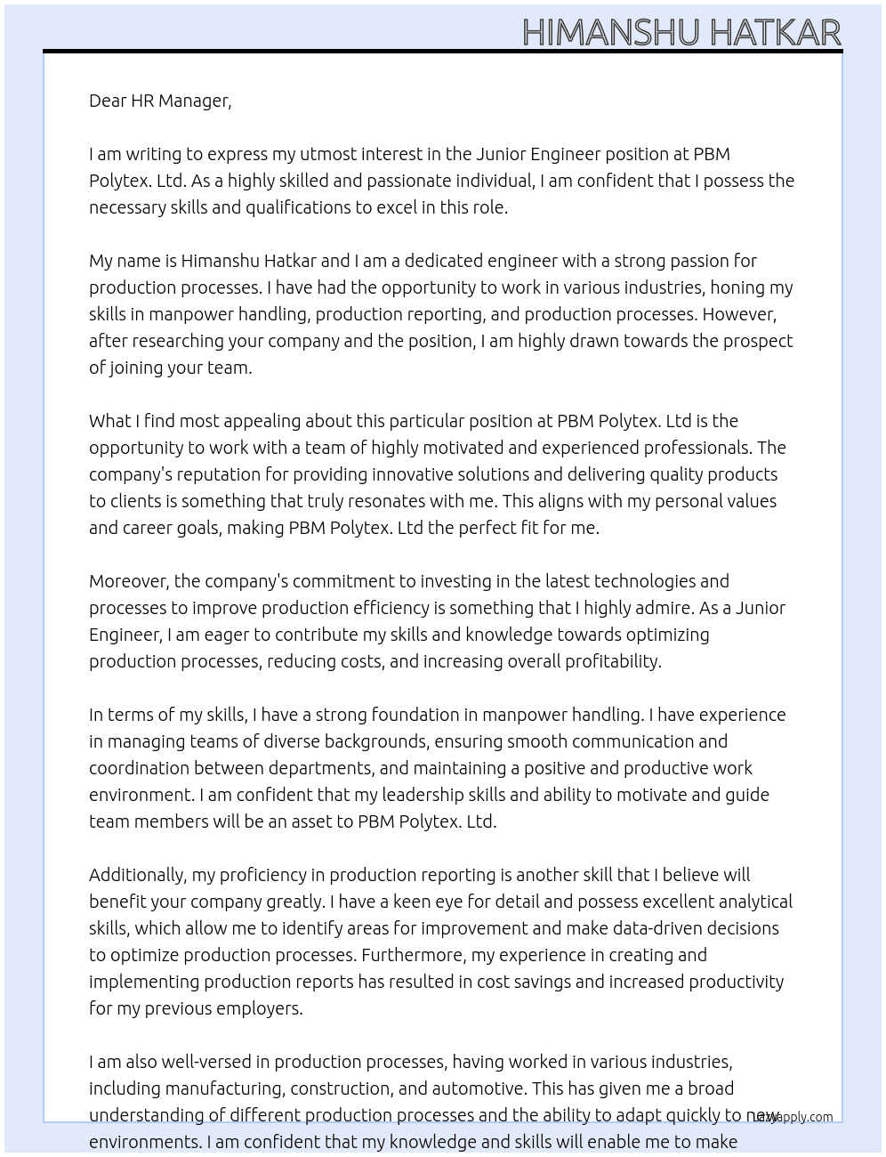 Junior Engineer At PBM Polytex. Ltd.  Cover Letter