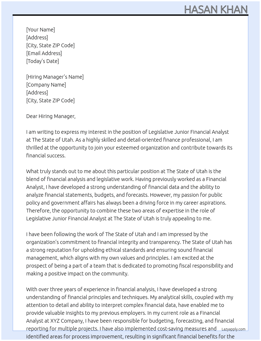 Legislative Junior Financial Analyst At  The State of Utah  Cover Letter