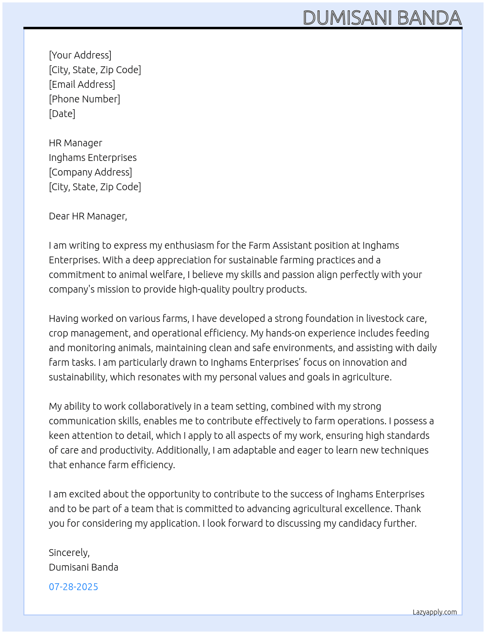 Farm Assistant At Inghams Enterprises Cover Letter