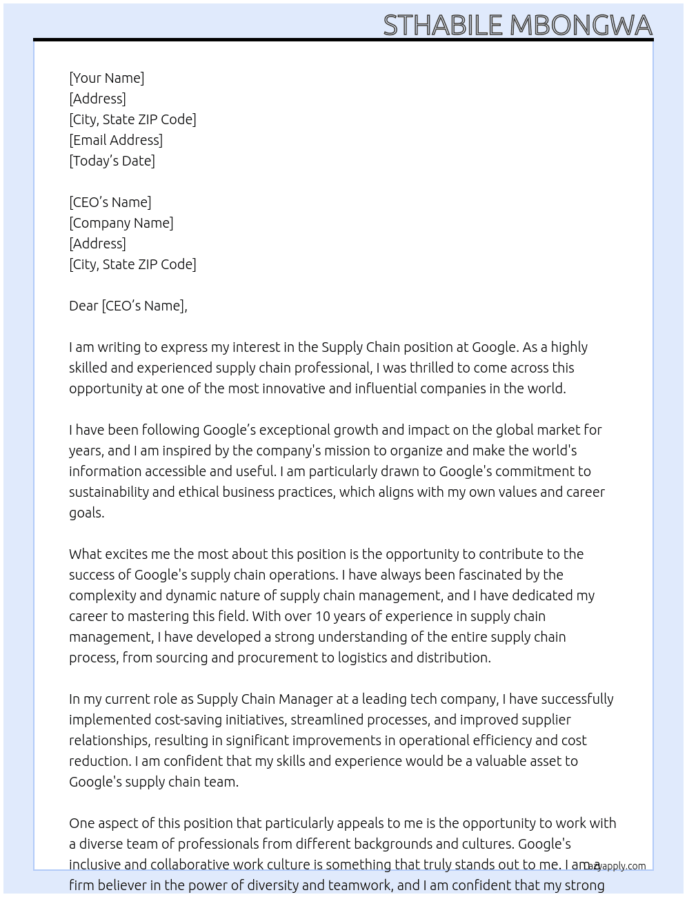 Supply Chain At Google Cover Letter