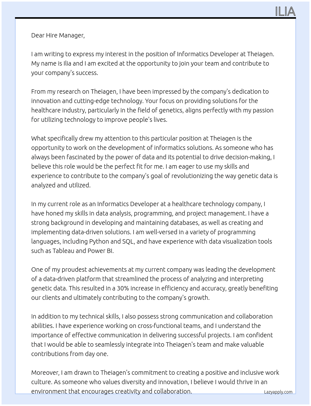 Informatics Developer At Theiagen Cover Letter