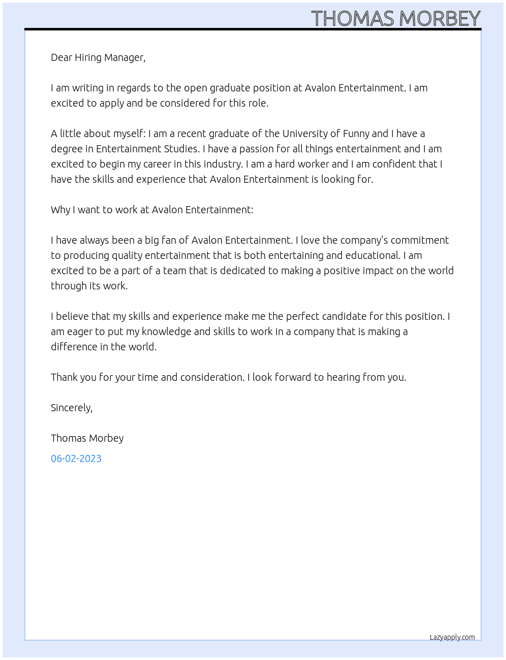 Graduate At Avalon Entertainment Cover Letter