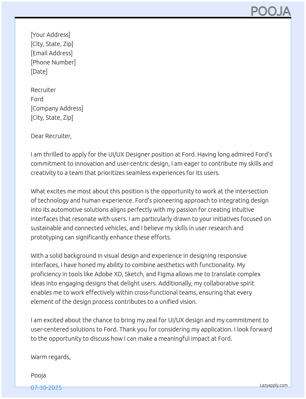 UI/UX Designer At Ford Cover Letter
