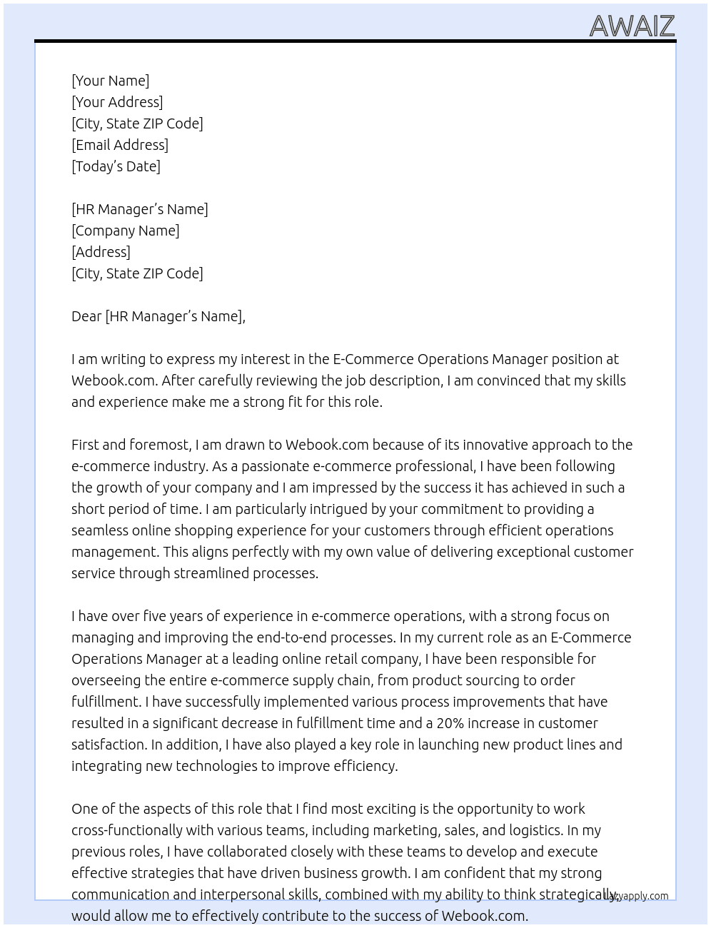 E-Commerce Operations Manager At webook.com Cover Letter