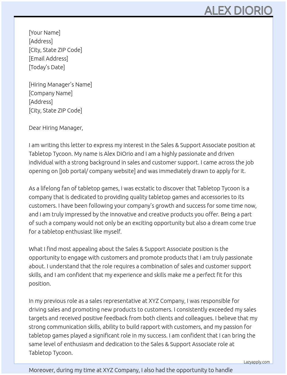 Cover letter for sales & support associate - LazyApply