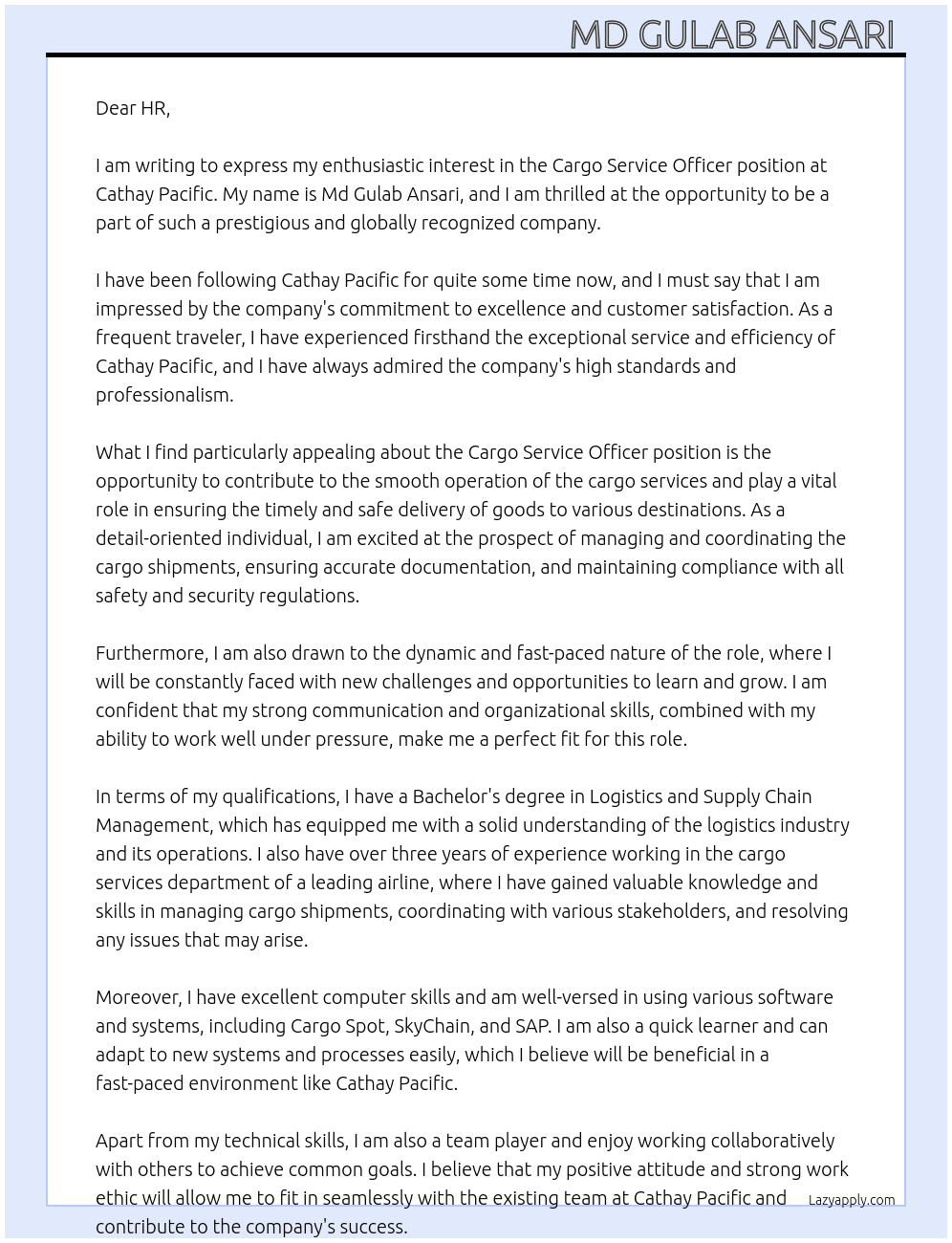 Cargo service officer  At Cathay pacific Cover Letter