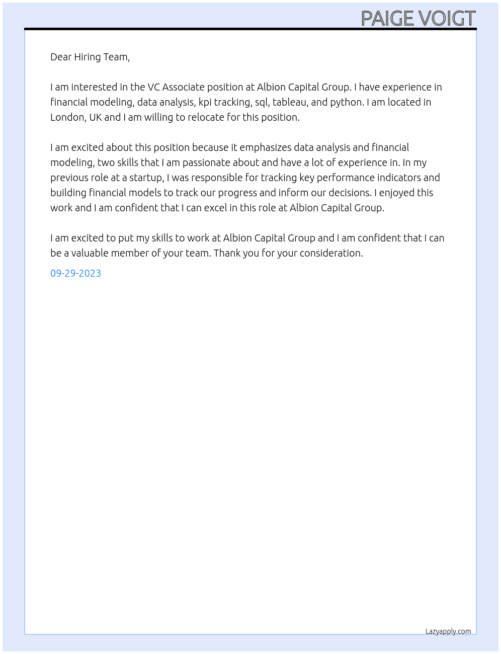 VC Associate At Albion Capital Group Cover Letter