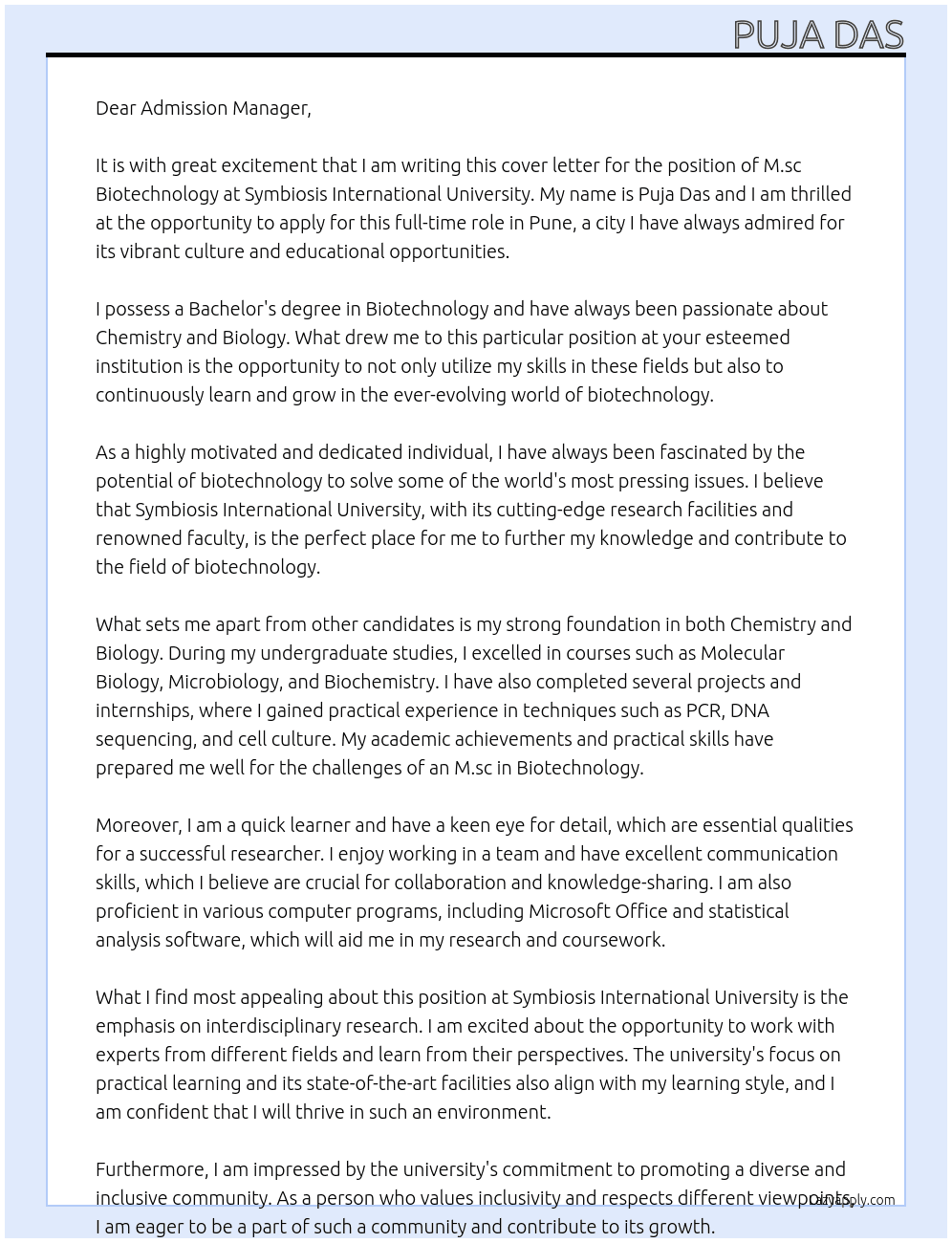 M.sc BIotechnology At Symbiosis International University Cover Letter