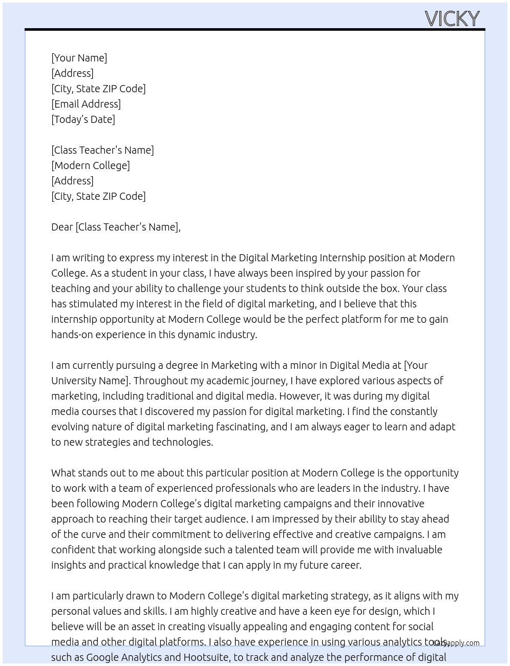 digital marketing intership At modern collage Cover Letter