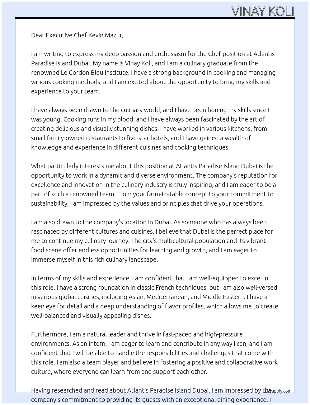 Chef At Atlantis Paradise Island Dubai  Cover Letter