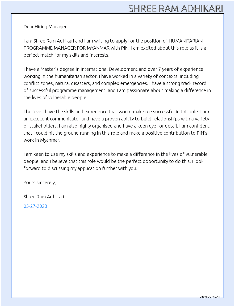 HUMANITARIAN PROGRAMME MANAGER FOR MYANMAR At PIN Cover Letter