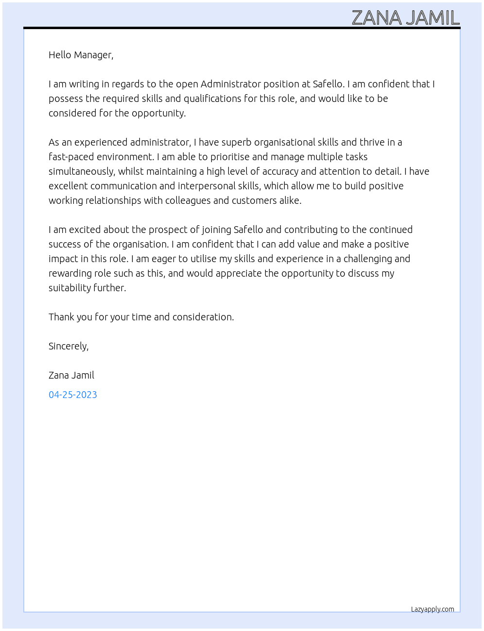 Administrator At Safello Cover Letter