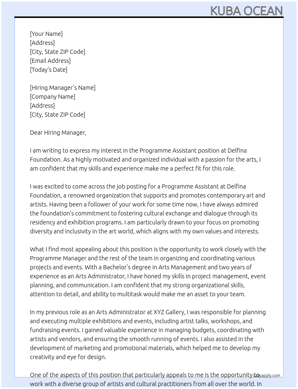 programme assistant At Delfina Foundation Cover Letter