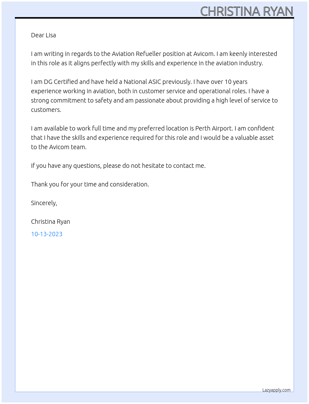 Aviation Refueller At Avicom Cover Letter