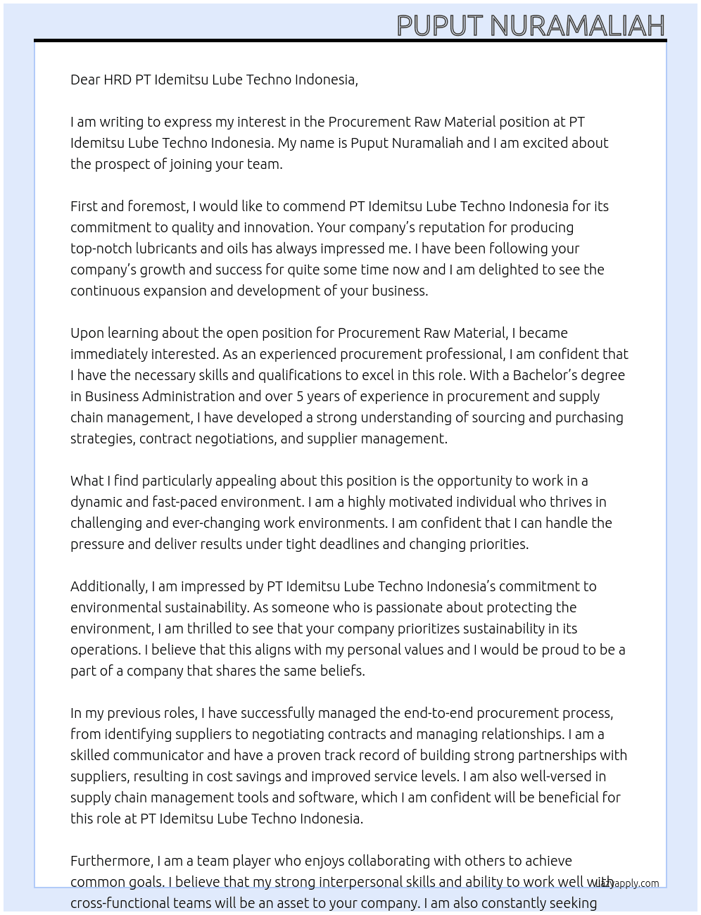 Procurement Raw Material At PT Idemitsu Lube Techno Indonesia Cover Letter