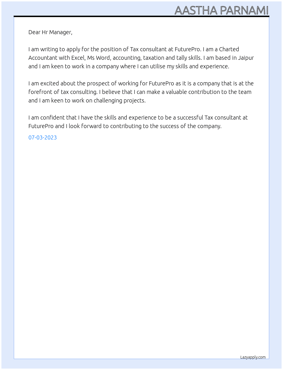 Tax consultant  At FuturePro  Cover Letter