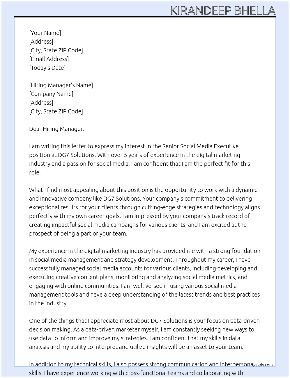Cover letter for senior social media executive - LazyApply