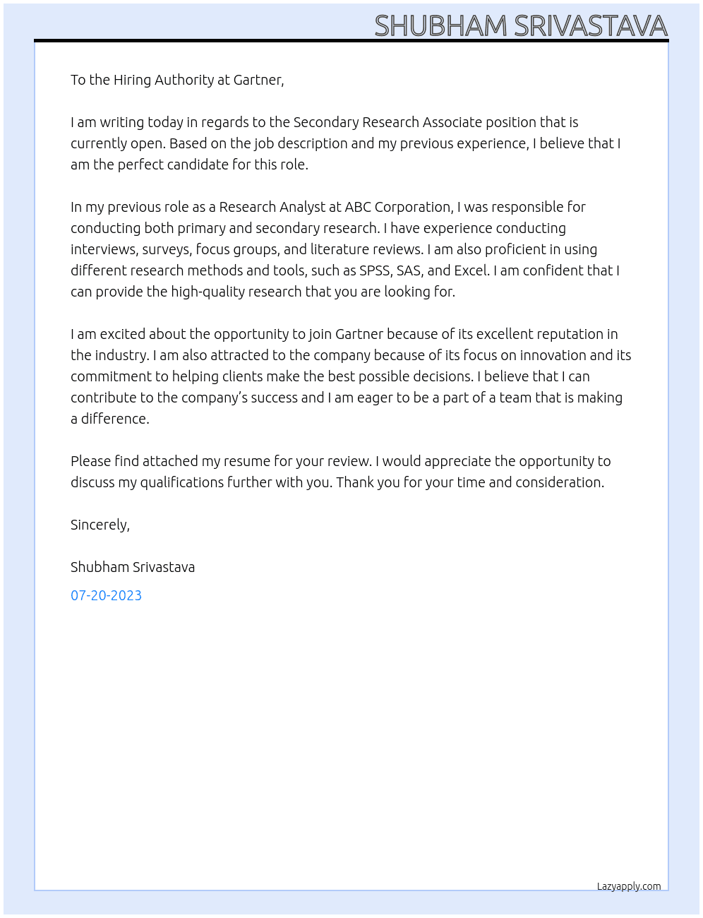 Secondary Research Associate At Gartner Cover Letter
