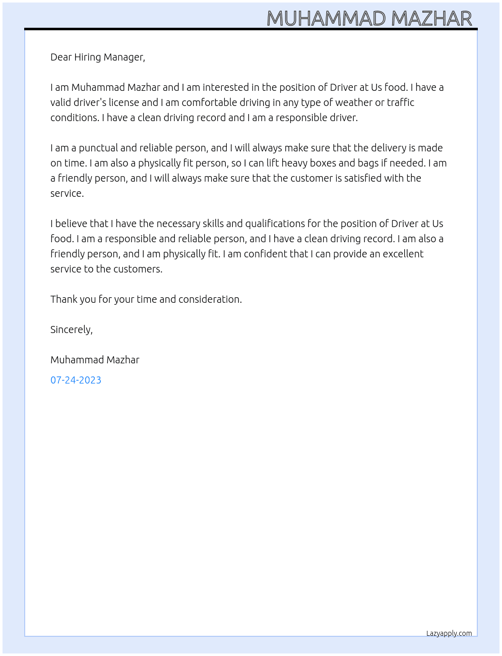 Driver  At Us food Cover Letter