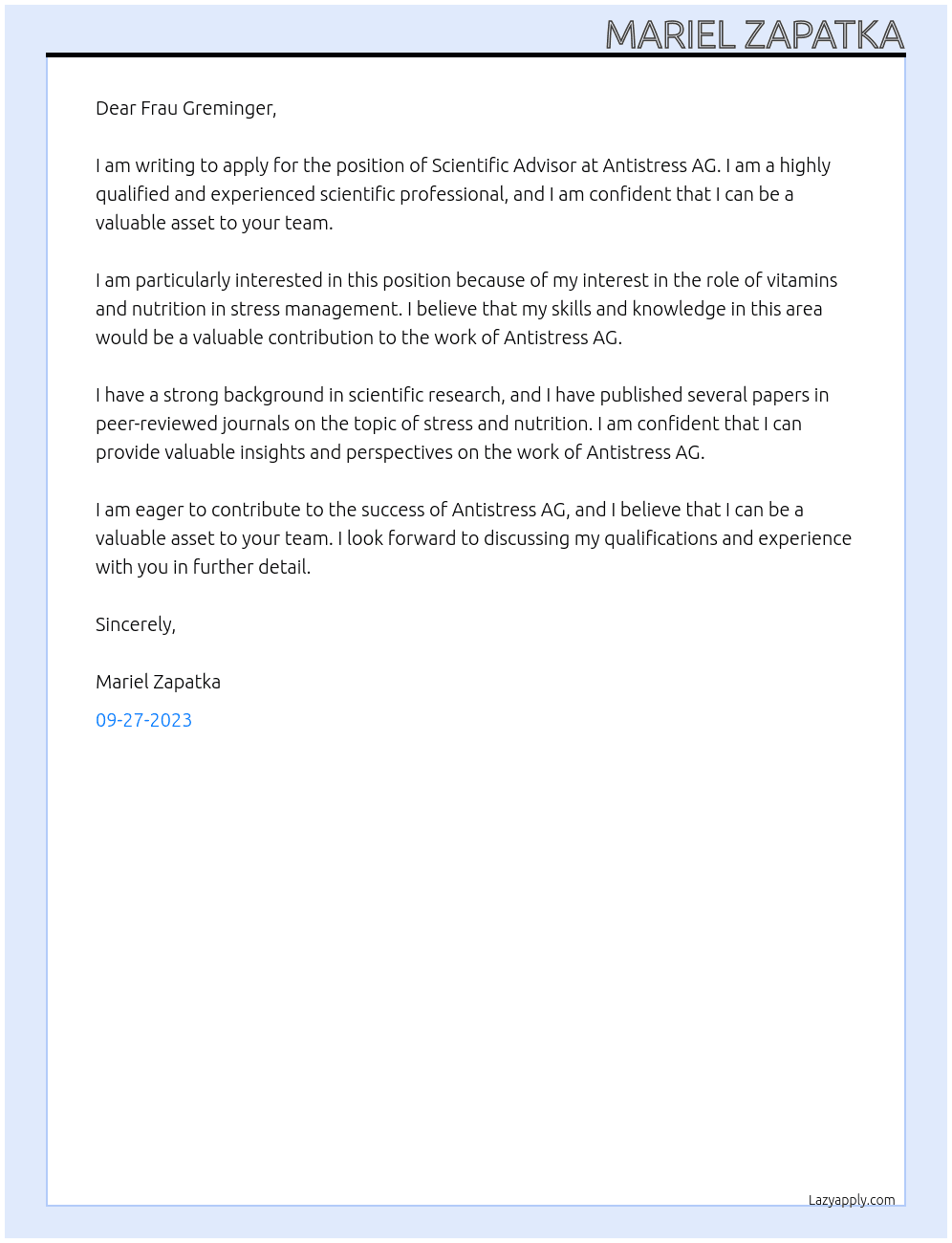 Scientific Advisor At Antistress AG, Burgerstein Vitmanine Cover Letter